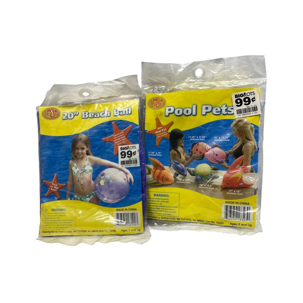 Inflate-4-Fun Vintage Pool Toys Kids Set 20in Beach Ball & Pool Pet Blue Purple